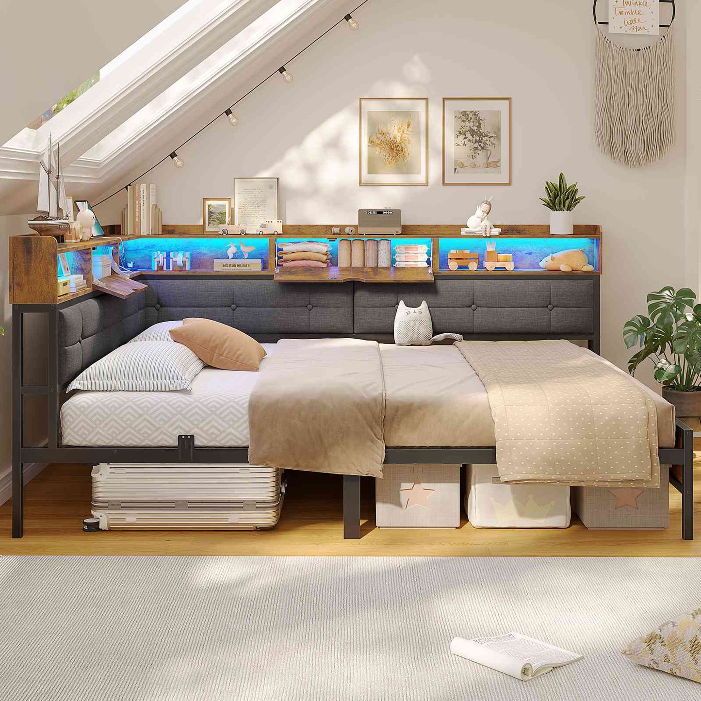AOGLLATI Polsterbett Schlafsofa 140x200 mit 6 Staufächern mit LED-Beleuchtung Tagesbett mit Steckdosen Gästebett Bettgestell mit Lattenrost aus Metall
