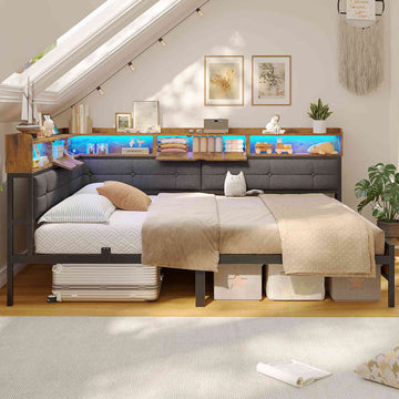 AOGLLATI Polsterbett Schlafsofa 140x200 mit 6 Staufächern mit LED-Beleuchtung Tagesbett mit Steckdosen Gästebett Bettgestell mit Lattenrost aus Metall