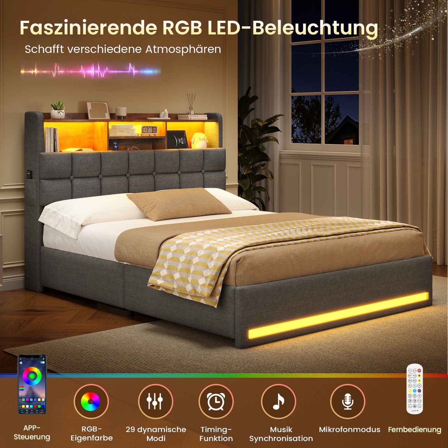 AOGLLATI Polsterbett 140×200 Hydraulisches Stauraumbett mit LED-Bleuchtung mit USB- und Type-C-Anschlüsse Doppelbett Bettgestell mit Holzlatten