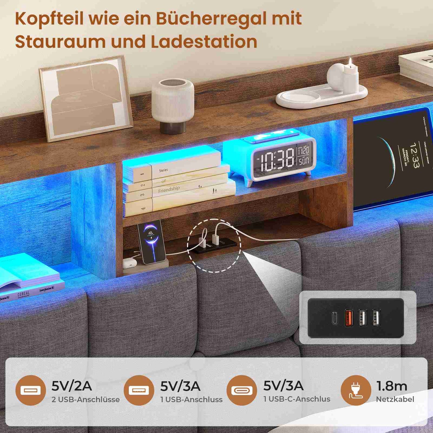AOGLLATI Polsterbett 140×200 Hydraulisches Stauraumbett mit LED-Bleuchtung mit USB- und Type-C-Anschlüsse Doppelbett Bettgestell mit Holzlatten