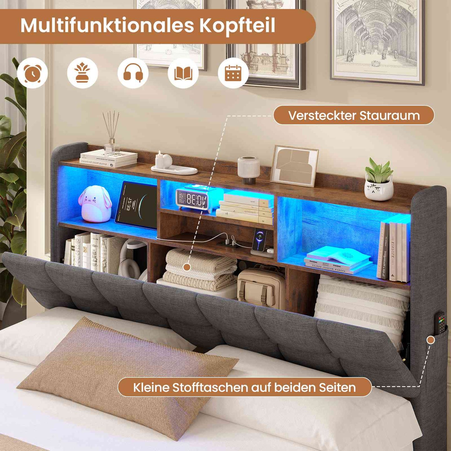 AOGLLATI Polsterbett 140×200 Hydraulisches Stauraumbett mit LED-Bleuchtung mit USB- und Type-C-Anschlüsse Doppelbett Bettgestell mit Holzlatten