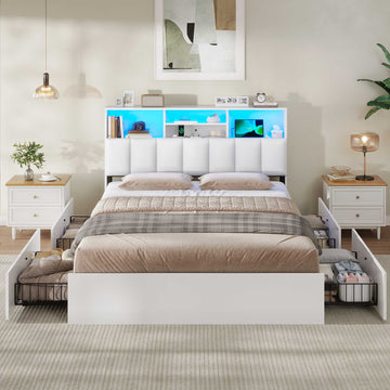 AOGLLATI Bett 140×200 cm Polsterbett mit Ladestation und LED-Beleuchtung Doppelbett Stauraumbett mit Stauraum Kopfteil 4 Schubladen