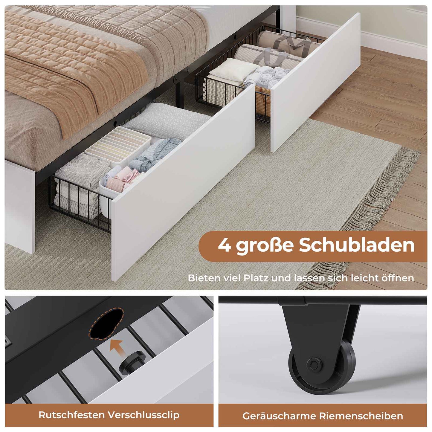 AOGLLATI Bett 140×200 cm Polsterbett mit Ladestation und LED-Beleuchtung Doppelbett Stauraumbett mit Stauraum Kopfteil 4 Schubladen