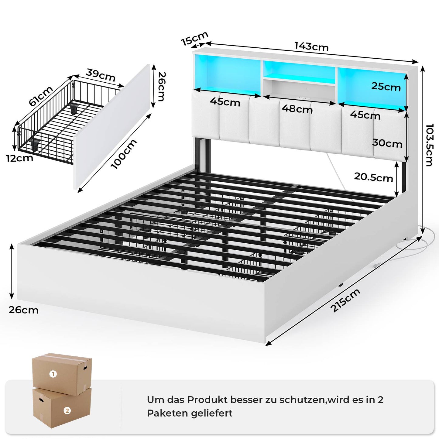 AOGLLATI Bett 140×200 cm Polsterbett mit Ladestation und LED-Beleuchtung Doppelbett Stauraumbett mit Stauraum Kopfteil 4 Schubladen