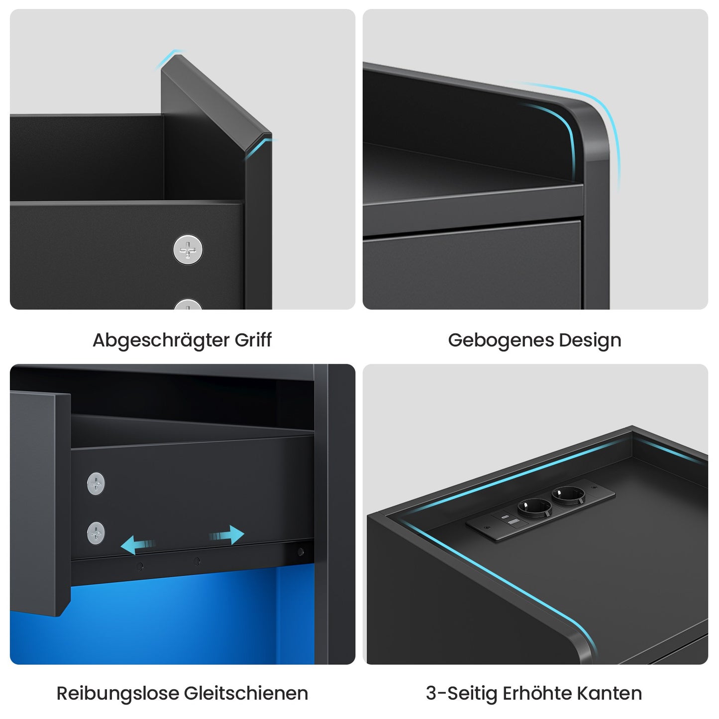 AOGLLATI Nachttisch mit LED-Beleuchtung und Ladestation Nachtschrank mit 2 Schubladen und 1 Fach Beistelltisch mit Steckdosen