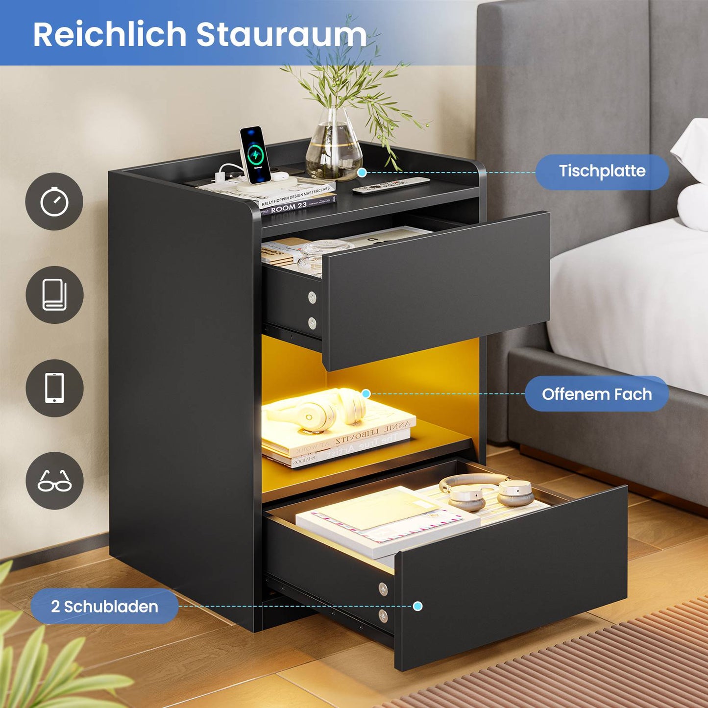 AOGLLATI Nachttisch mit LED-Beleuchtung und Ladestation Nachtschrank mit 2 Schubladen und 1 Fach Beistelltisch mit Steckdosen