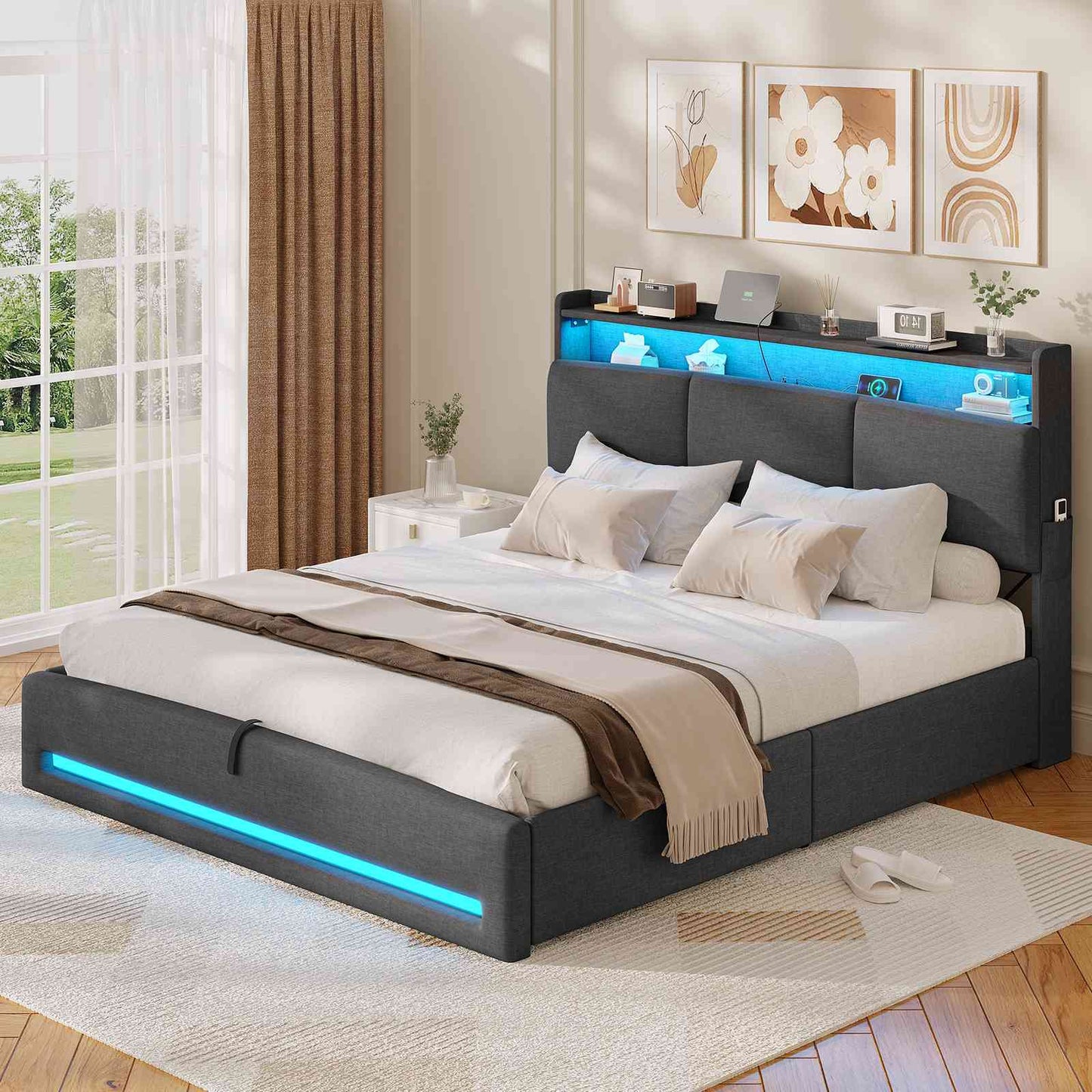 AOGLLATI Polsterbett 140×200 mit Steckdosen und LED-Beleuchtung Doppelbett mit Stauraum Kopfteil mit Hydraulische Stauraum und Lattenrost aus Holz