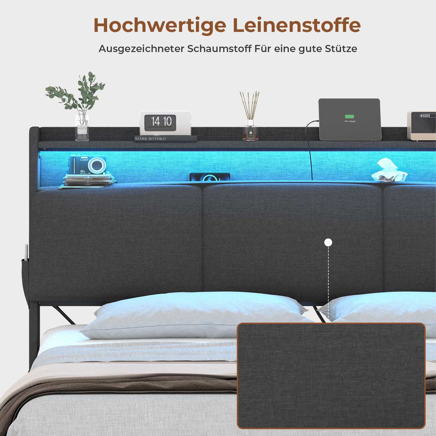 AOGLLATI Polsterbett 140×200 mit Steckdosen und LED-Beleuchtung Doppelbett mit Stauraum Kopfteil mit Hydraulische Stauraum und Lattenrost aus Holz
