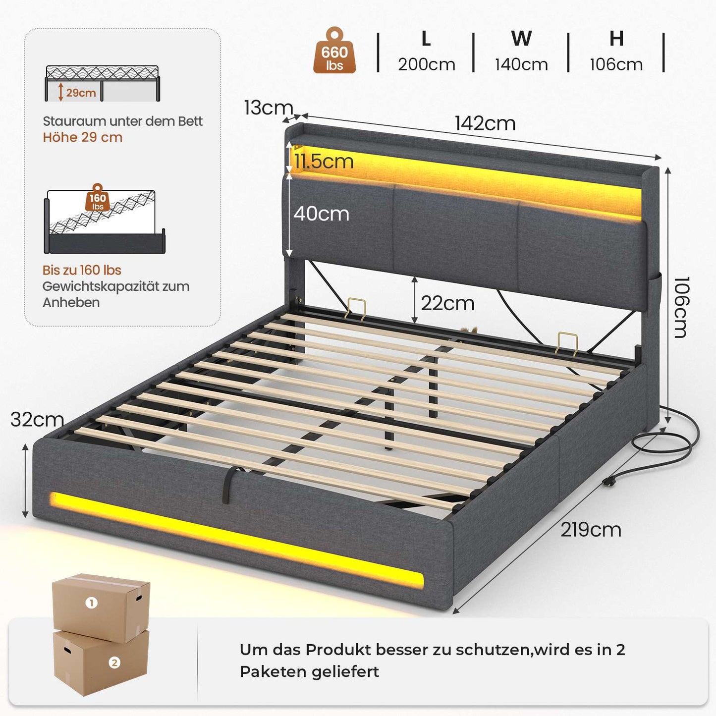 AOGLLATI Polsterbett 140×200 mit Steckdosen und LED-Beleuchtung Doppelbett mit Stauraum Kopfteil mit Hydraulische Stauraum und Lattenrost aus Holz