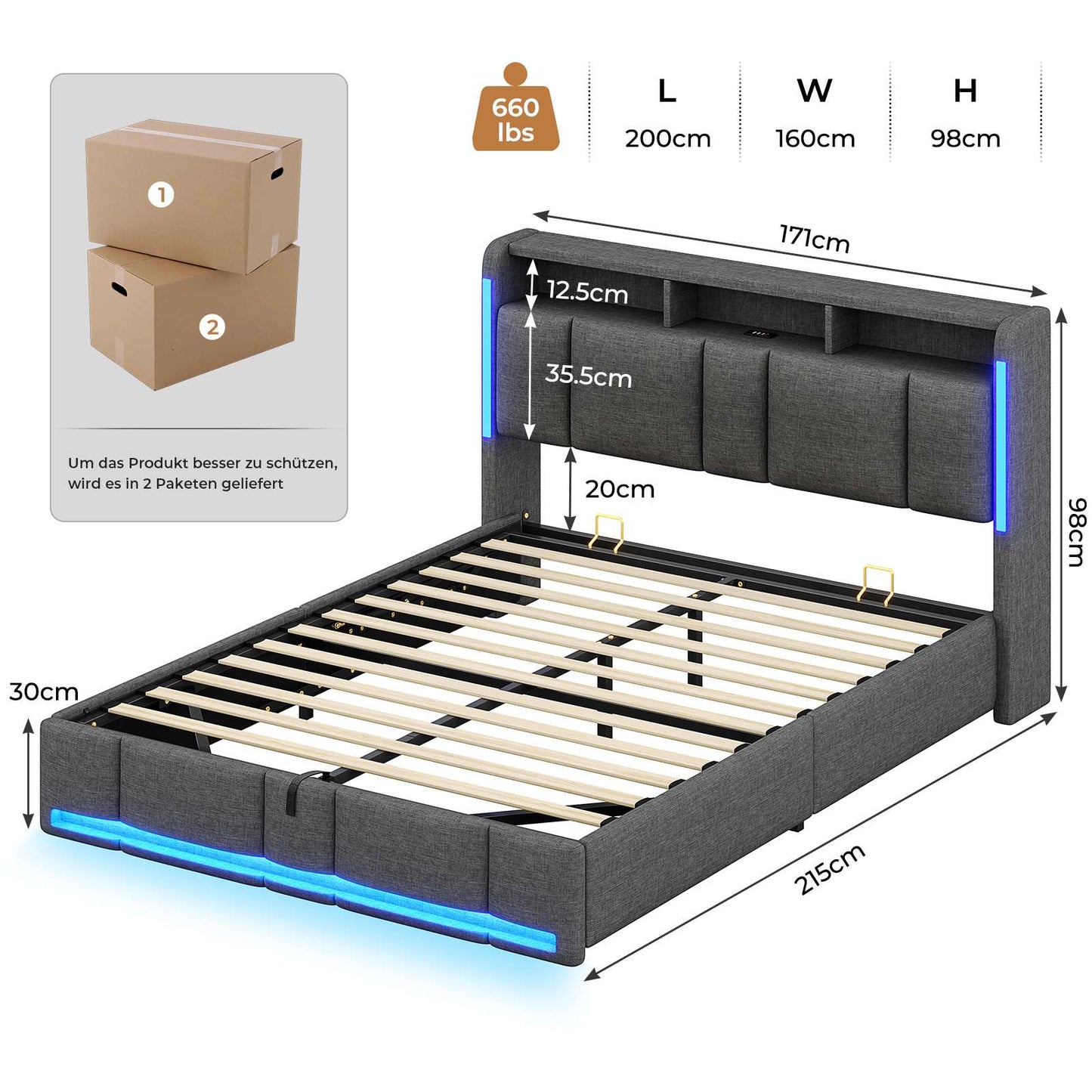 AOGLLATI Polsterbett 160×200 mit Steckdosen & LED Beleuchtung mit Stauraum Kopfteil & Hydraulischem Stauraum Bettgestell mit Lattenrost