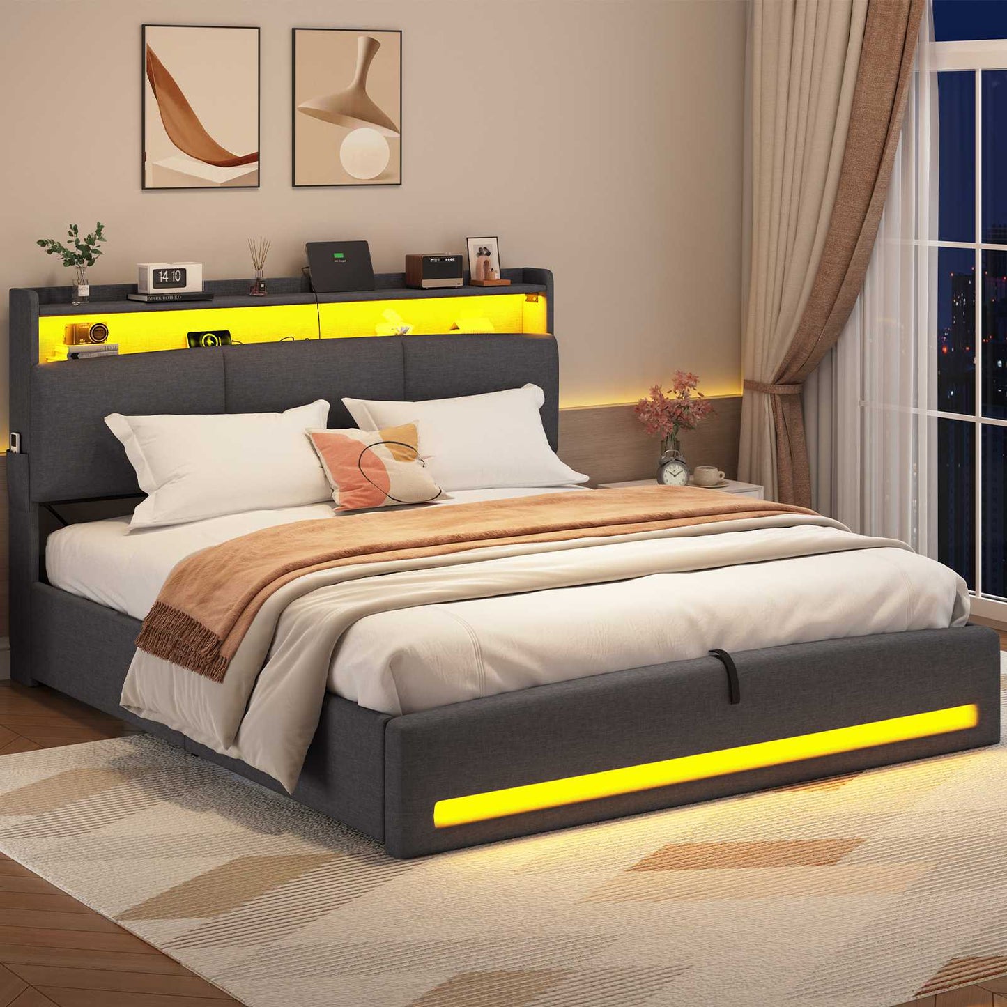 AOGLLATI Polsterbett 140×200 mit Steckdosen und LED-Beleuchtung Doppelbett mit Stauraum Kopfteil mit Hydraulische Stauraum und Lattenrost aus Holz