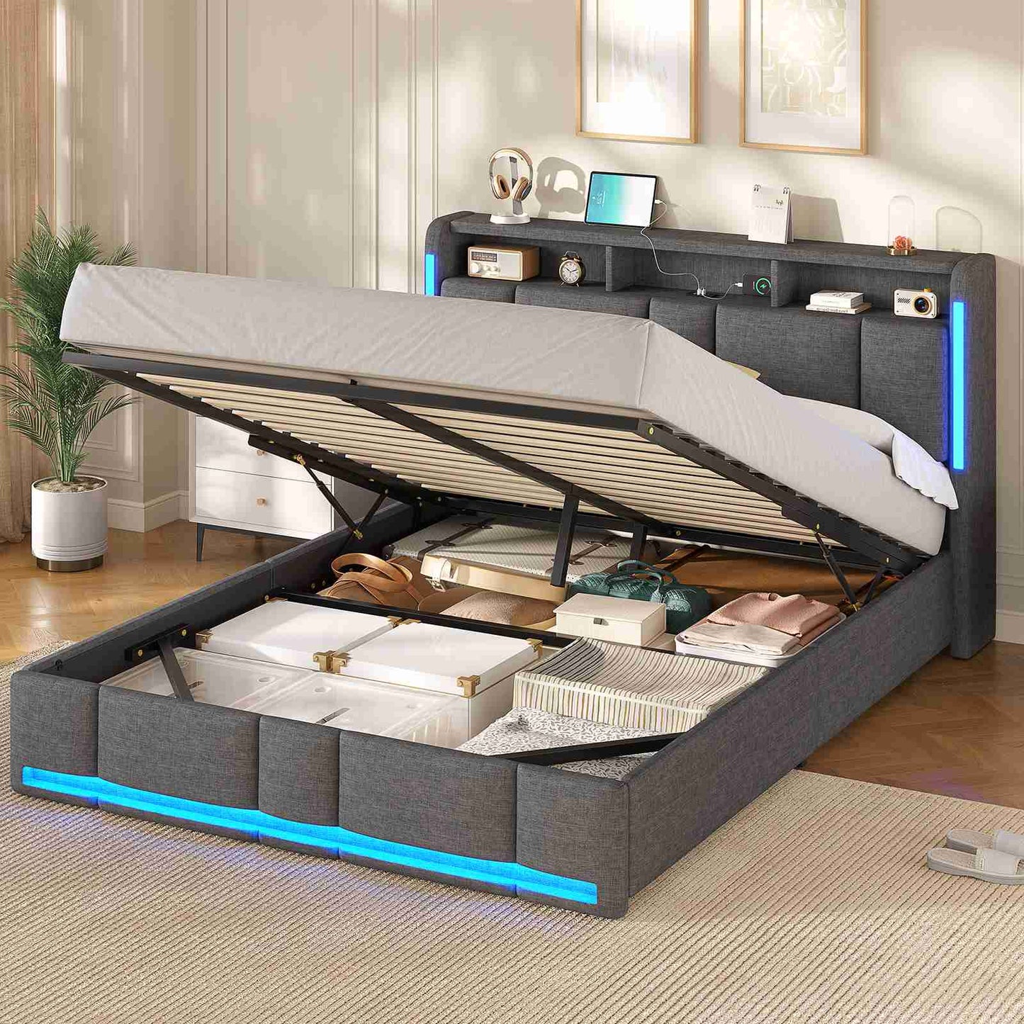AOGLLATI Polsterbett 160×200 mit Steckdosen & LED Beleuchtung mit Stauraum Kopfteil & Hydraulischem Stauraum Bettgestell mit Lattenrost