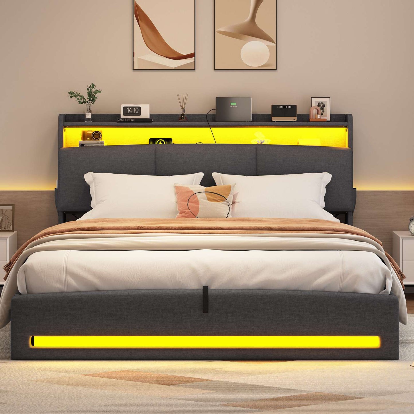 AOGLLATI Polsterbett 140×200 mit Steckdosen und LED-Beleuchtung Doppelbett mit Stauraum Kopfteil mit Hydraulische Stauraum und Lattenrost aus Holz