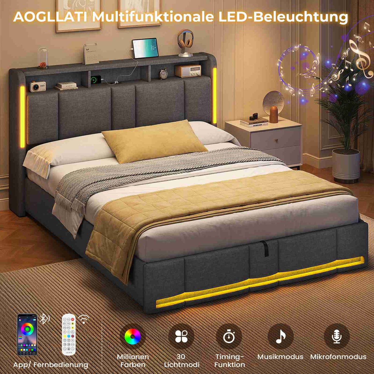 AOGLLATI Polsterbett 160×200 mit Steckdosen & LED Beleuchtung mit Stauraum Kopfteil & Hydraulischem Stauraum Bettgestell mit Lattenrost