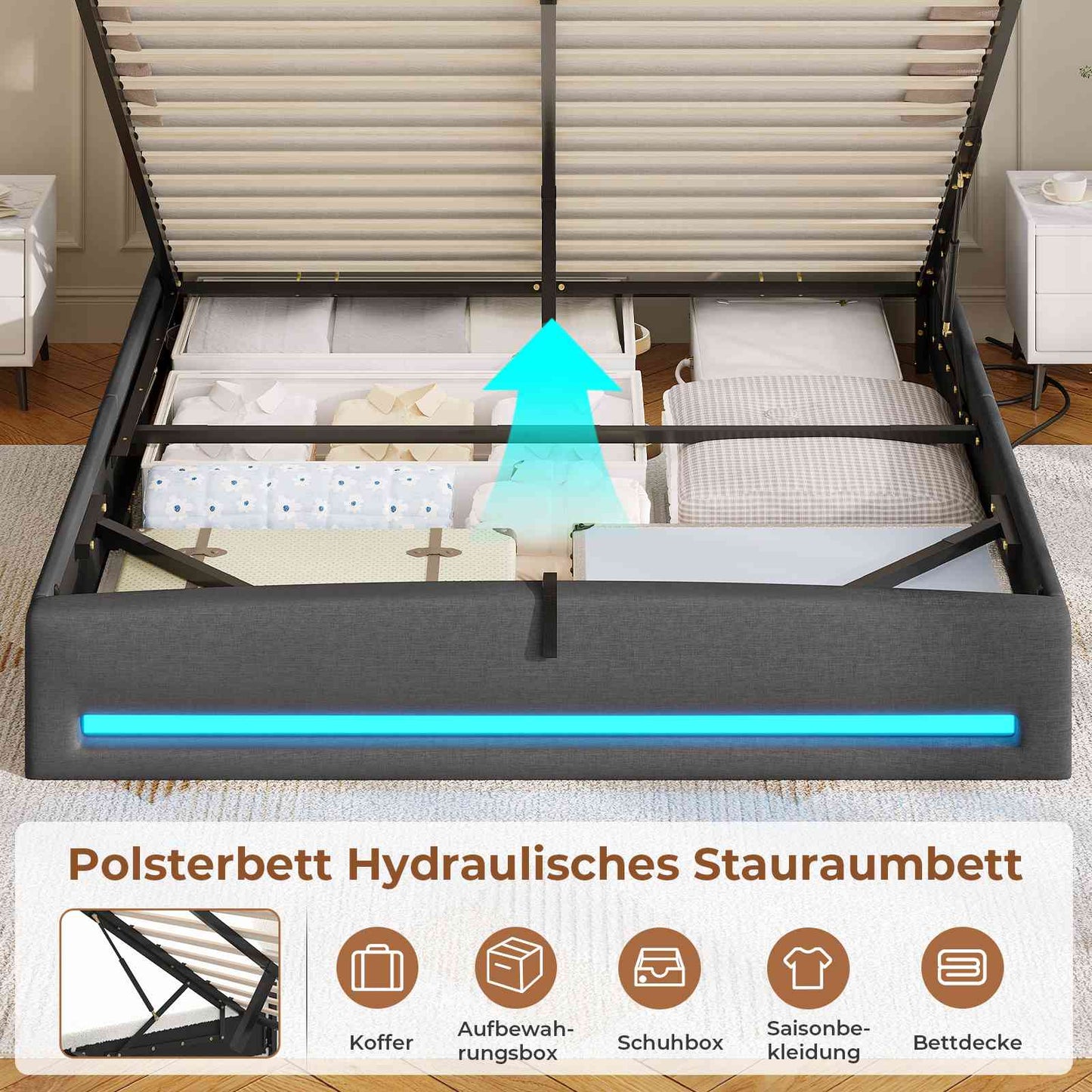 AOGLLATI Polsterbett 140×200 mit Steckdosen und LED-Beleuchtung Doppelbett mit Stauraum Kopfteil mit Hydraulische Stauraum und Lattenrost aus Holz