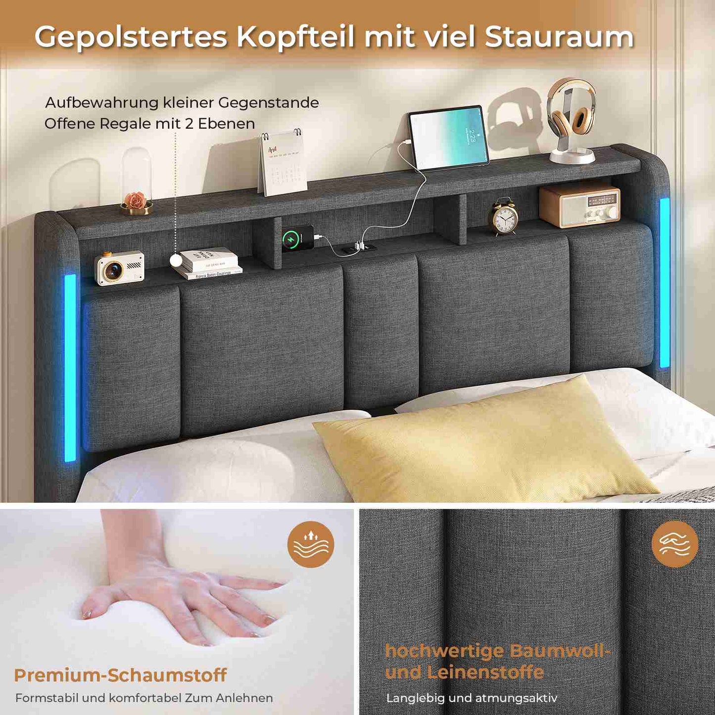 AOGLLATI Polsterbett 160×200 mit Steckdosen & LED Beleuchtung mit Stauraum Kopfteil & Hydraulischem Stauraum Bettgestell mit Lattenrost