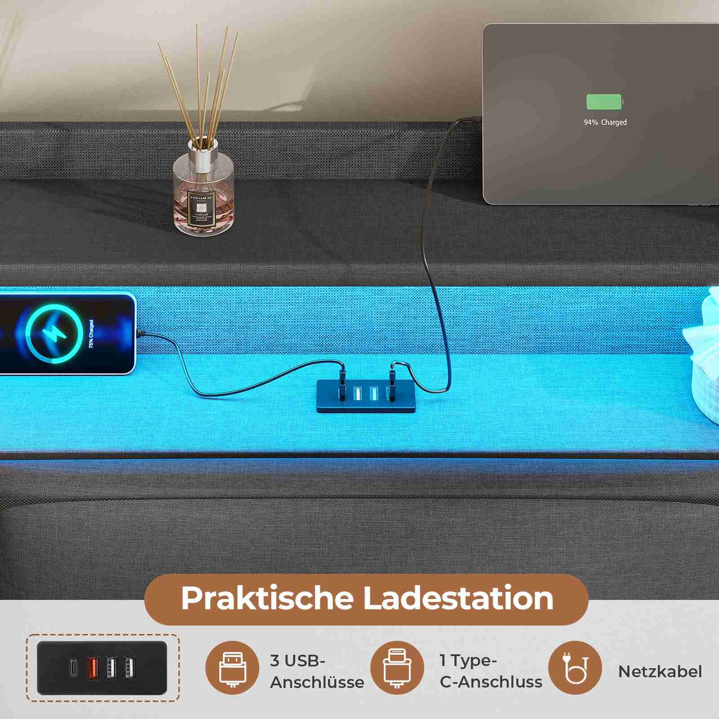 AOGLLATI Polsterbett 140×200 mit Steckdosen und LED-Beleuchtung Doppelbett mit Stauraum Kopfteil mit Hydraulische Stauraum und Lattenrost aus Holz