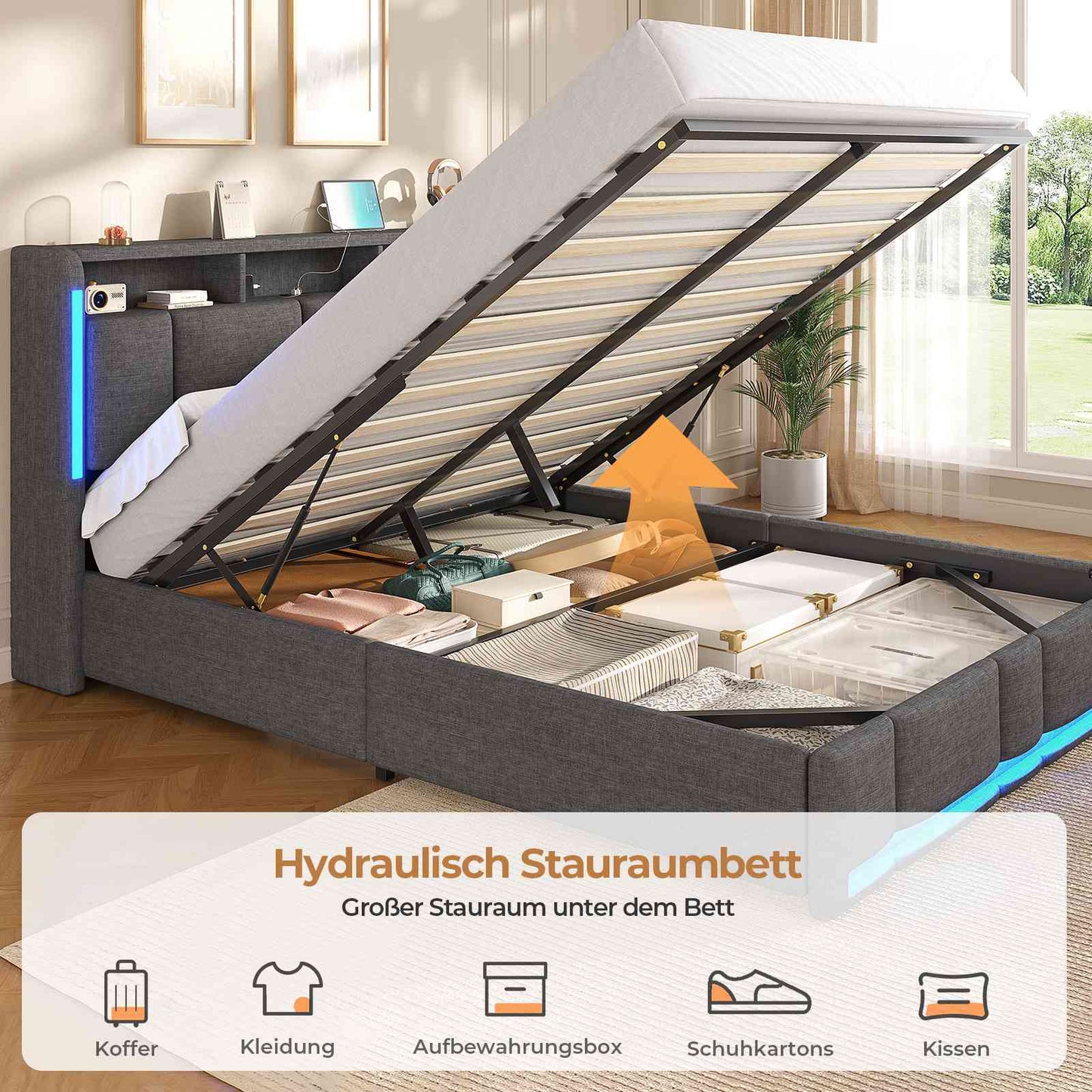 AOGLLATI Polsterbett 160×200 mit Steckdosen & LED Beleuchtung mit Stauraum Kopfteil & Hydraulischem Stauraum Bettgestell mit Lattenrost