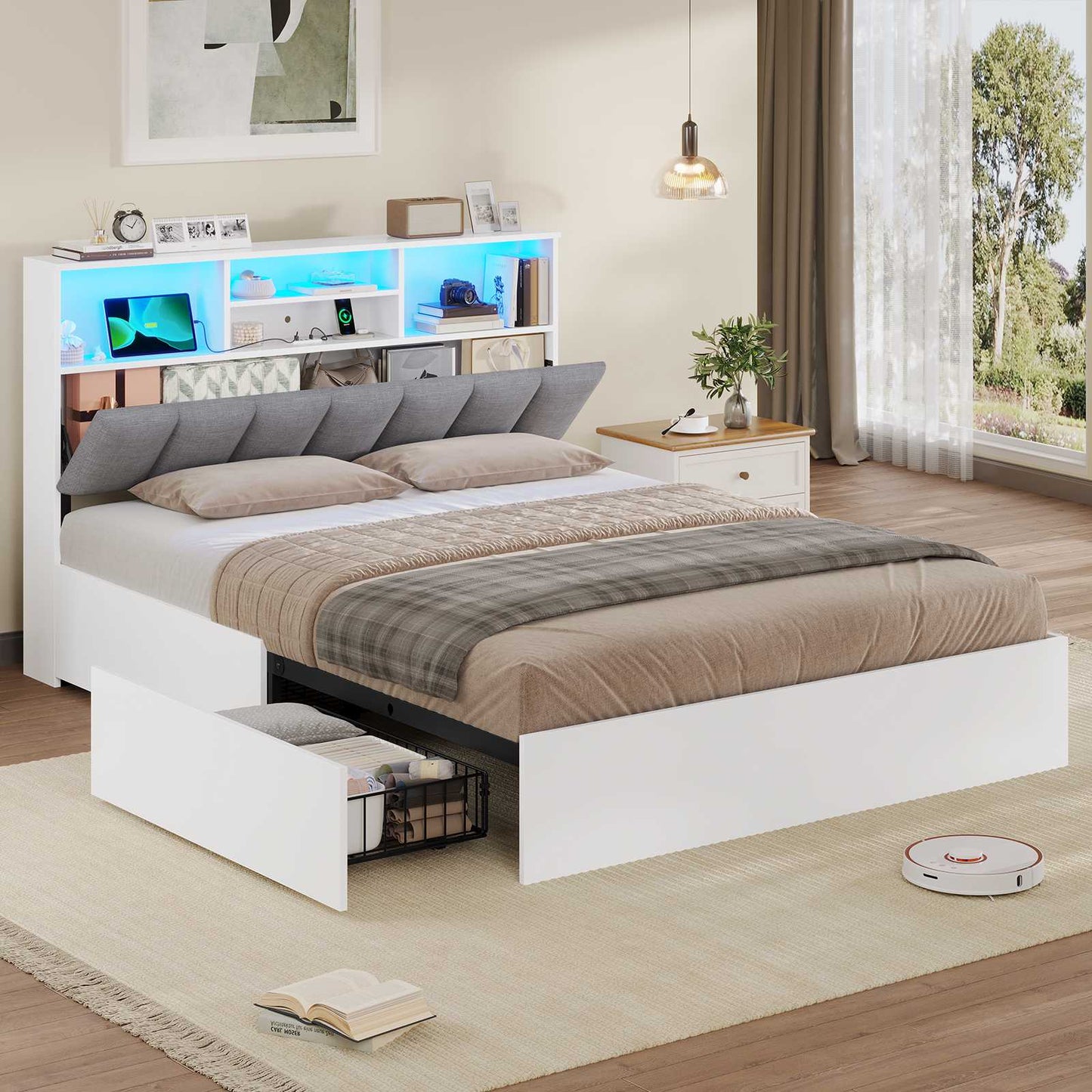 AOGLLATI Bett 140×200 cm Polsterbett mit Ladestation und LED-Beleuchtung Doppelbett Stauraumbett mit Stauraum Kopfteil 4 Schubladen