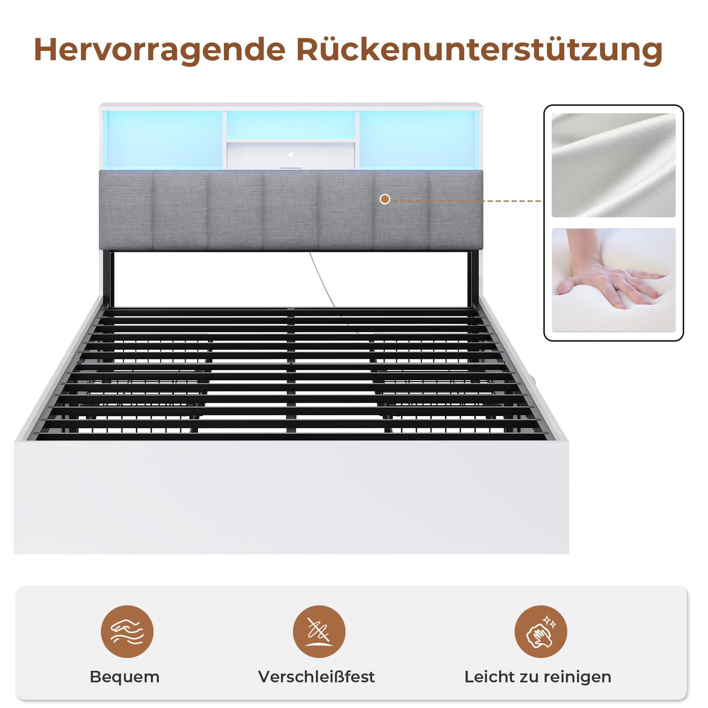 AOGLLATI Bett 140×200 cm Polsterbett mit Ladestation und LED-Beleuchtung Doppelbett Stauraumbett mit Stauraum Kopfteil 4 Schubladen