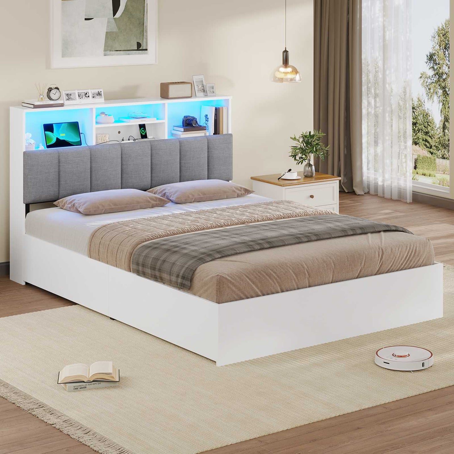 AOGLLATI Bett 140×200 cm Polsterbett mit Ladestation und LED-Beleuchtung Doppelbett Stauraumbett mit Stauraum Kopfteil 4 Schubladen