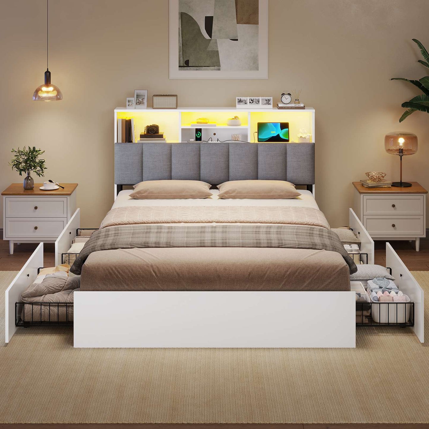 AOGLLATI Bett 140×200 cm Polsterbett mit Ladestation und LED-Beleuchtung Doppelbett Stauraumbett mit Stauraum Kopfteil 4 Schubladen