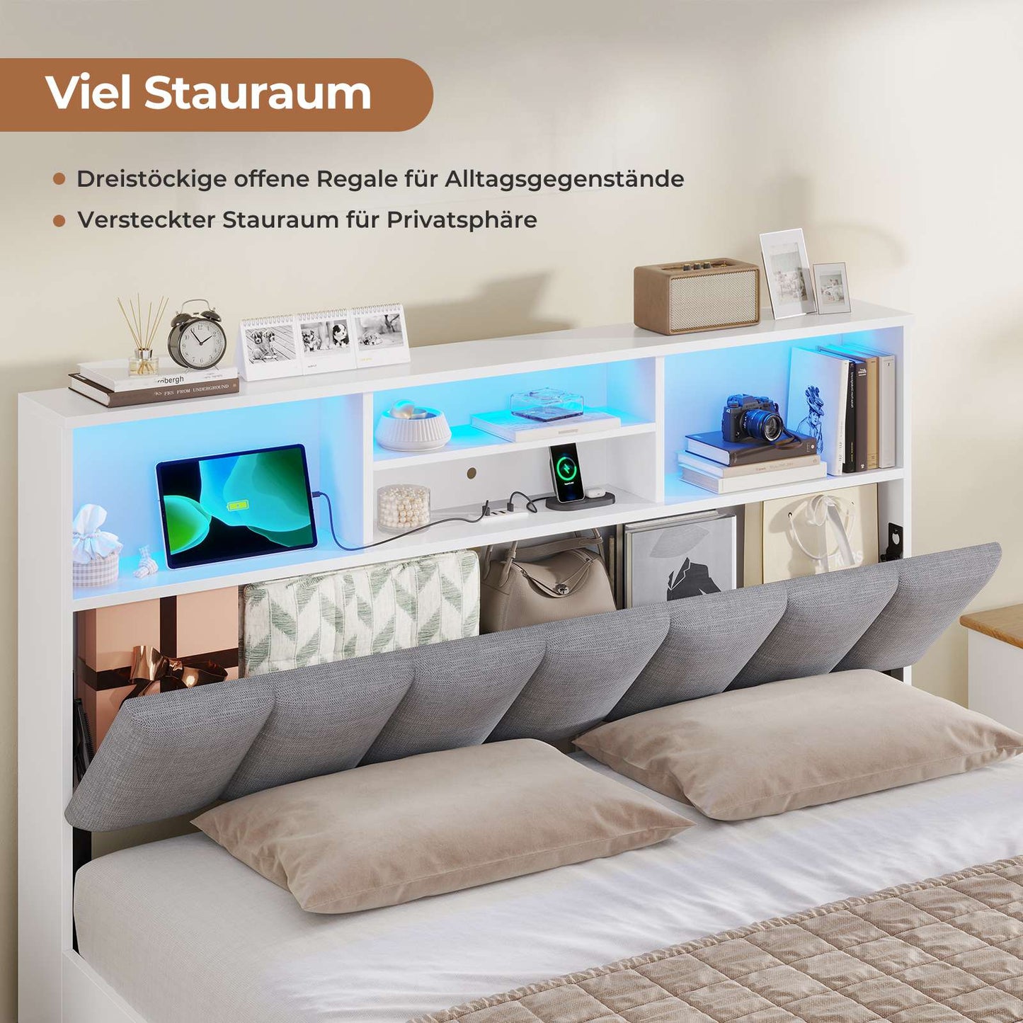 AOGLLATI Bett 140×200 cm Polsterbett mit Ladestation und LED-Beleuchtung Doppelbett Stauraumbett mit Stauraum Kopfteil 4 Schubladen