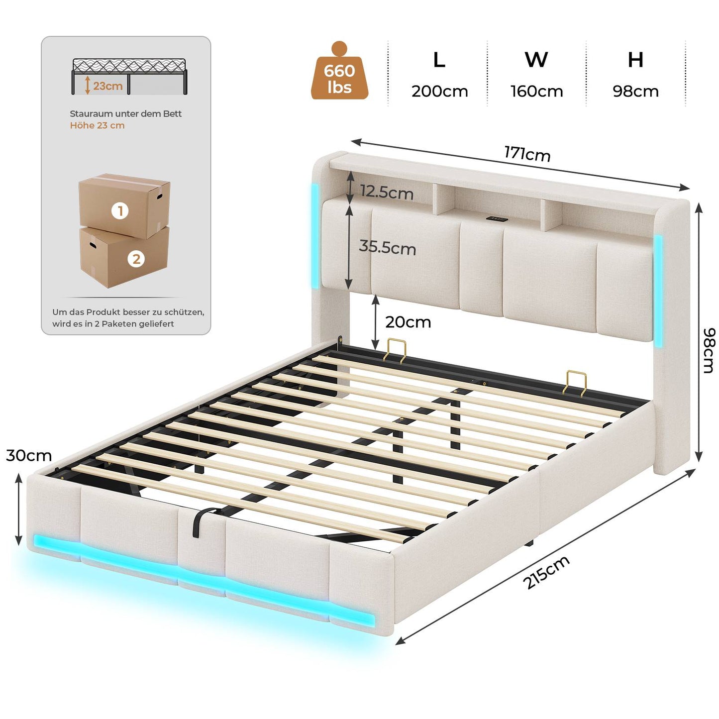 AOGLLATI Polsterbett 160×200 mit Steckdosen & LED Beleuchtung mit Stauraum Kopfteil & Hydraulischem Stauraum Bettgestell mit Lattenrost
