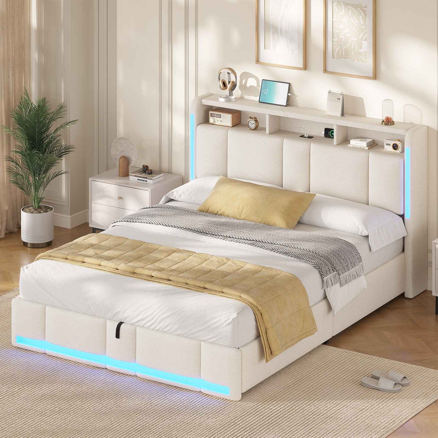 AOGLLATI Polsterbett 160×200 mit Steckdosen & LED Beleuchtung mit Stauraum Kopfteil & Hydraulischem Stauraum Bettgestell mit Lattenrost