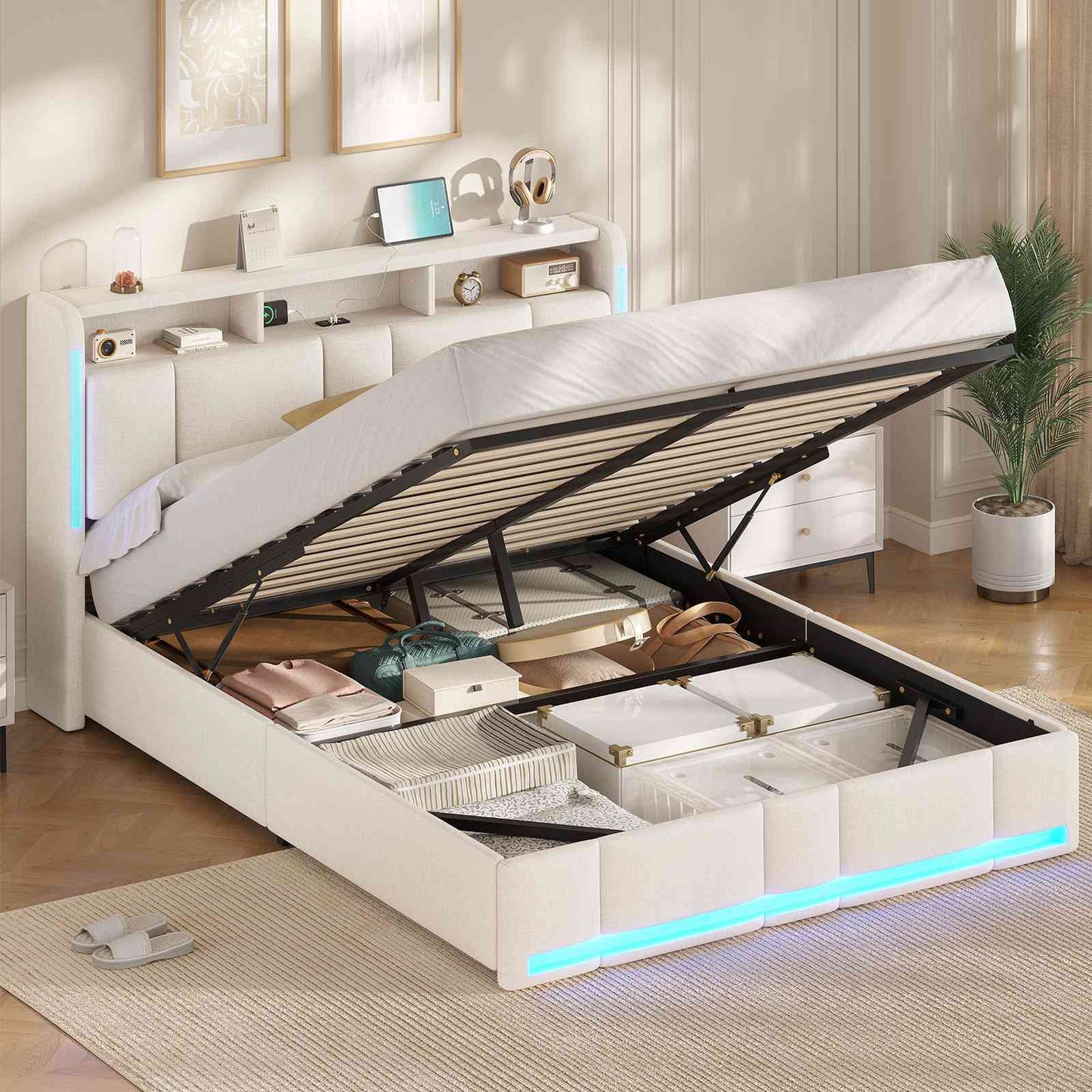 AOGLLATI Polsterbett 160×200 mit Steckdosen & LED Beleuchtung mit Stauraum Kopfteil & Hydraulischem Stauraum Bettgestell mit Lattenrost