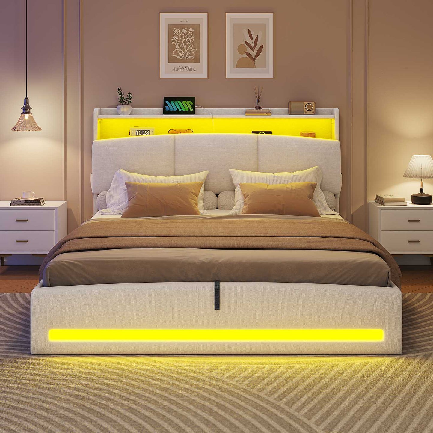 AOGLLATI Polsterbett 140×200 mit Steckdosen und LED-Beleuchtung Doppelbett mit Stauraum Kopfteil mit Hydraulische Stauraum und Lattenrost aus Holz