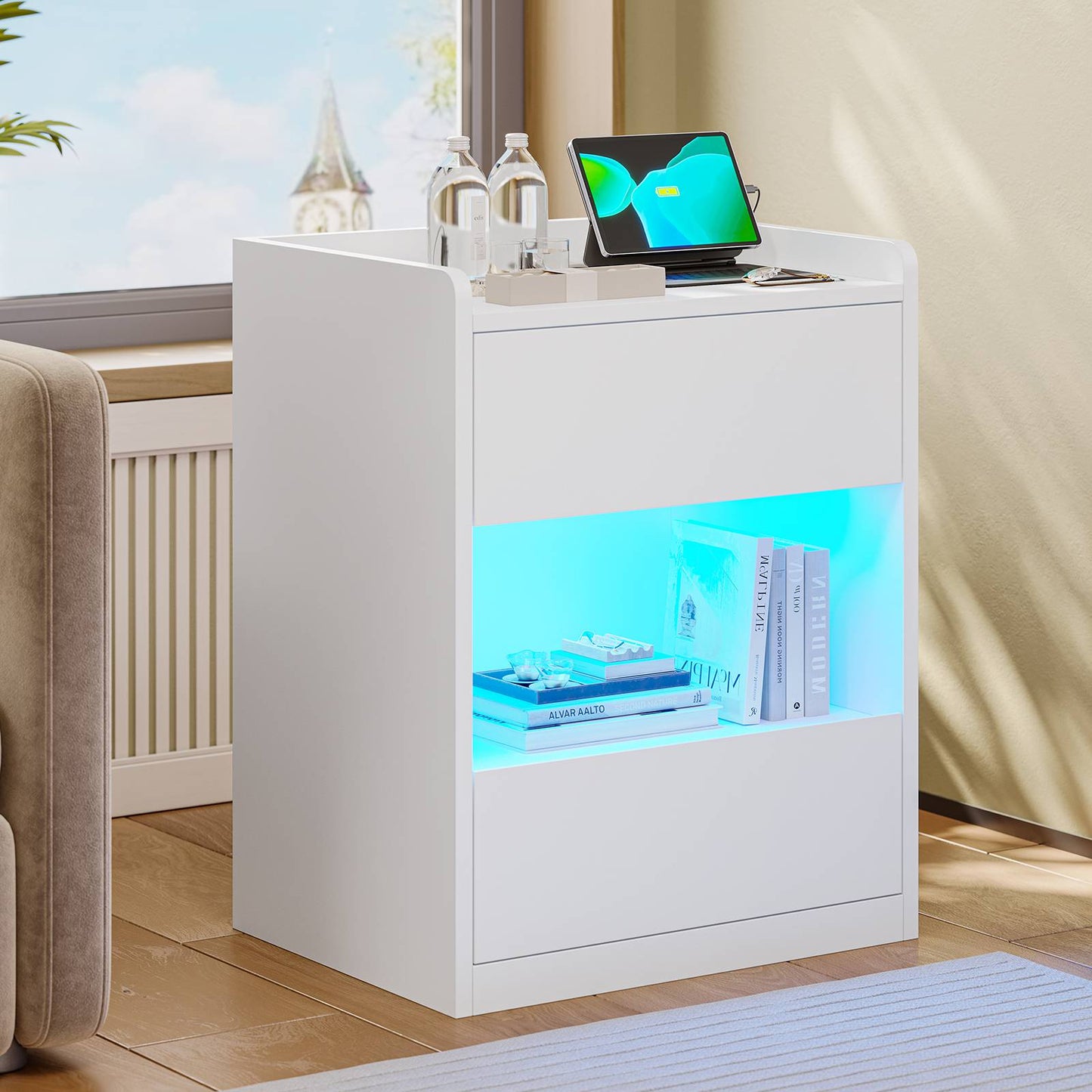 AOGLLATI Nachttisch mit LED-Beleuchtung und Ladestation Nachtschrank mit 2 Schubladen und 1 Fach Beistelltisch mit Steckdosen