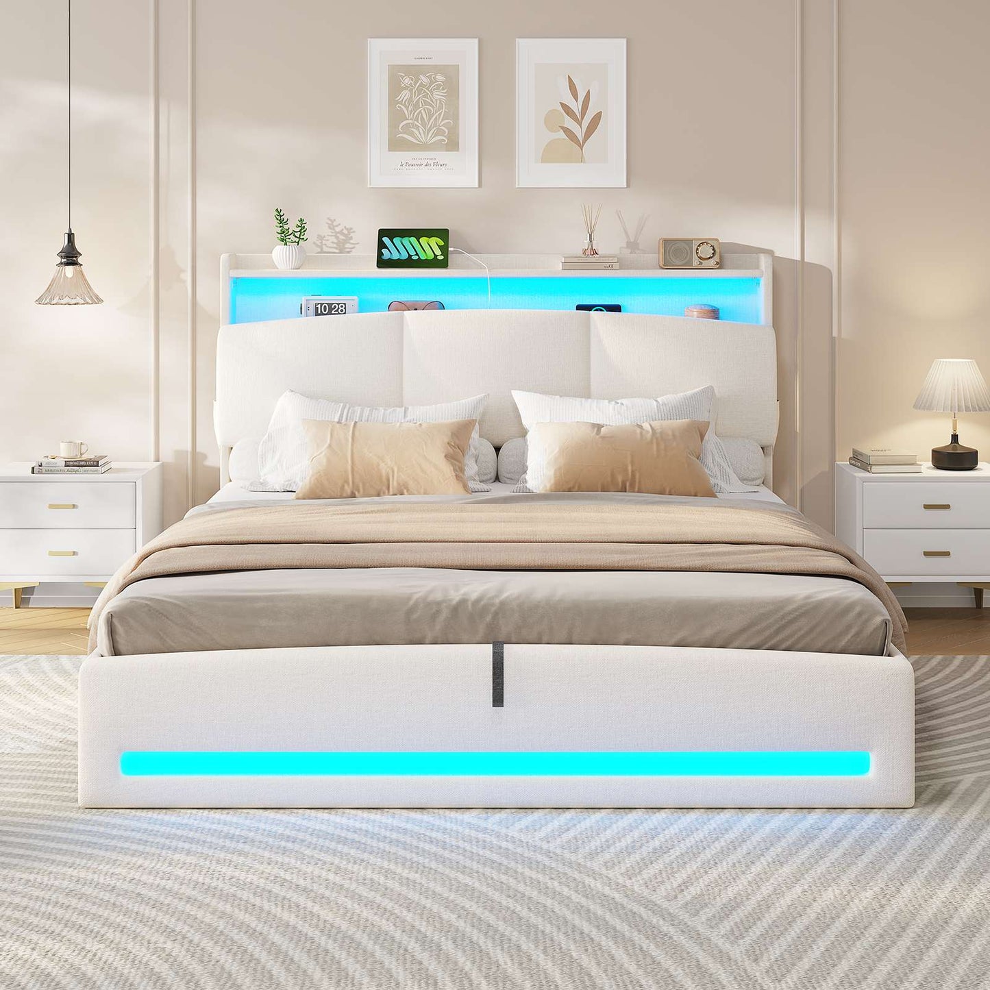 AOGLLATI Polsterbett 140×200 mit Steckdosen und LED-Beleuchtung Doppelbett mit Stauraum Kopfteil mit Hydraulische Stauraum und Lattenrost aus Holz