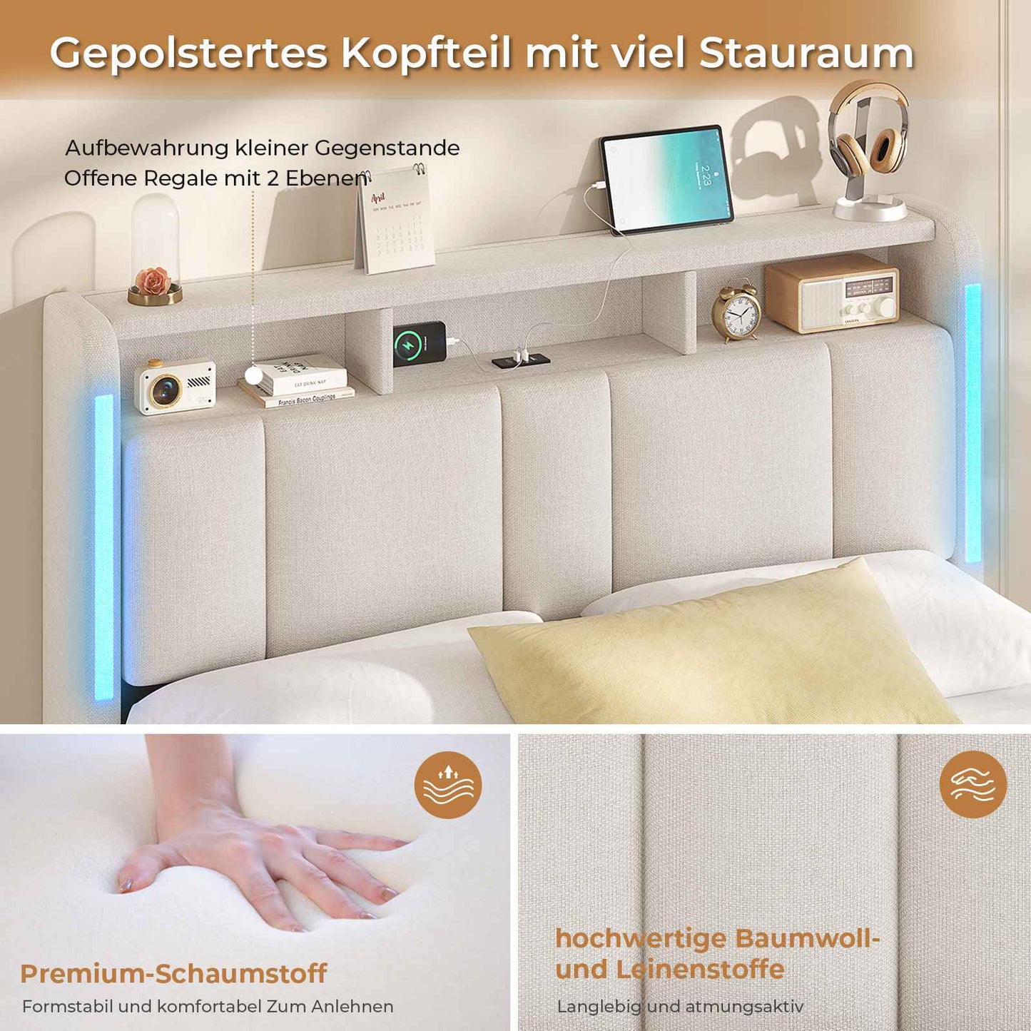 AOGLLATI Polsterbett 160×200 mit Steckdosen & LED Beleuchtung mit Stauraum Kopfteil & Hydraulischem Stauraum Bettgestell mit Lattenrost
