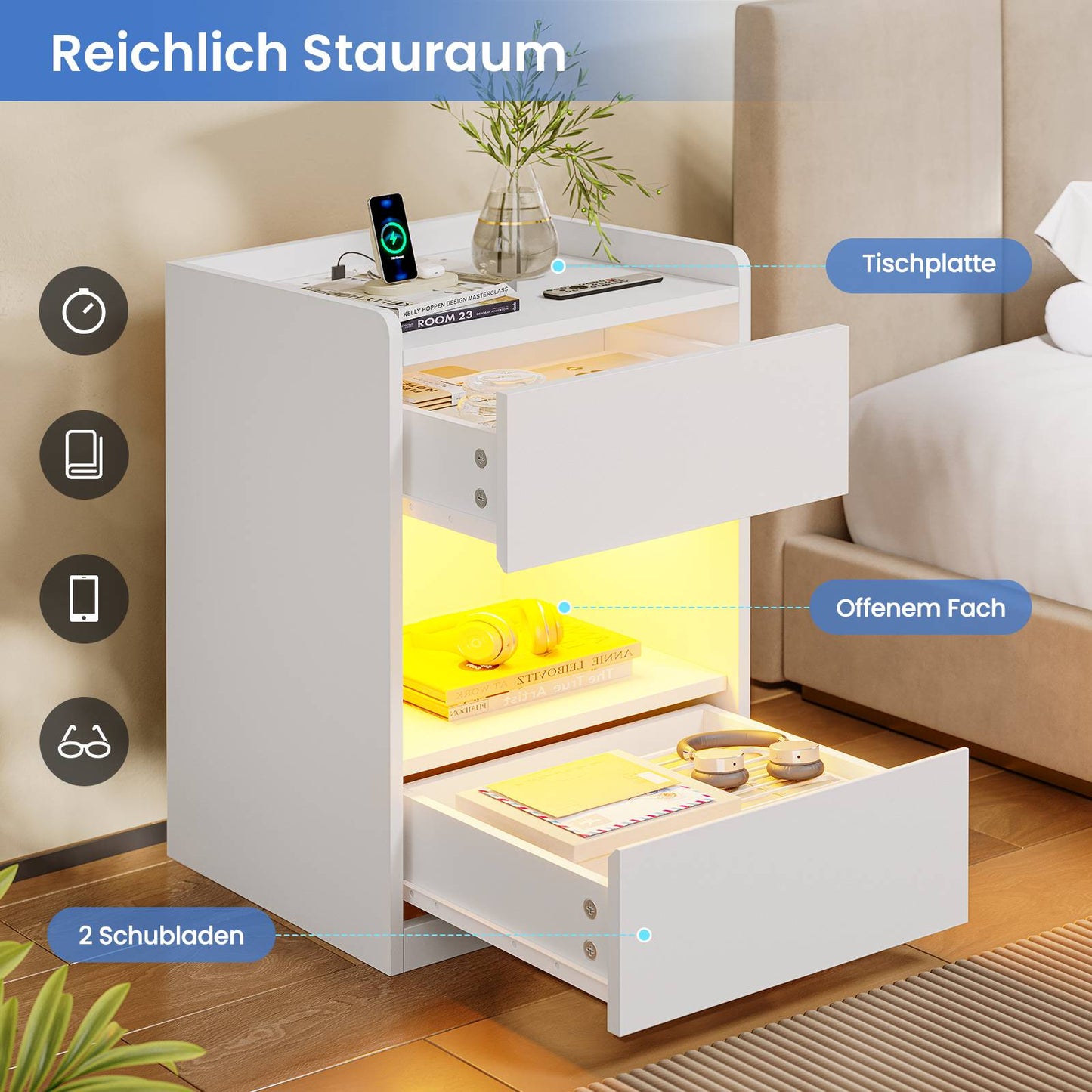 AOGLLATI Nachttisch mit LED-Beleuchtung und Ladestation Nachtschrank mit 2 Schubladen und 1 Fach Beistelltisch mit Steckdosen
