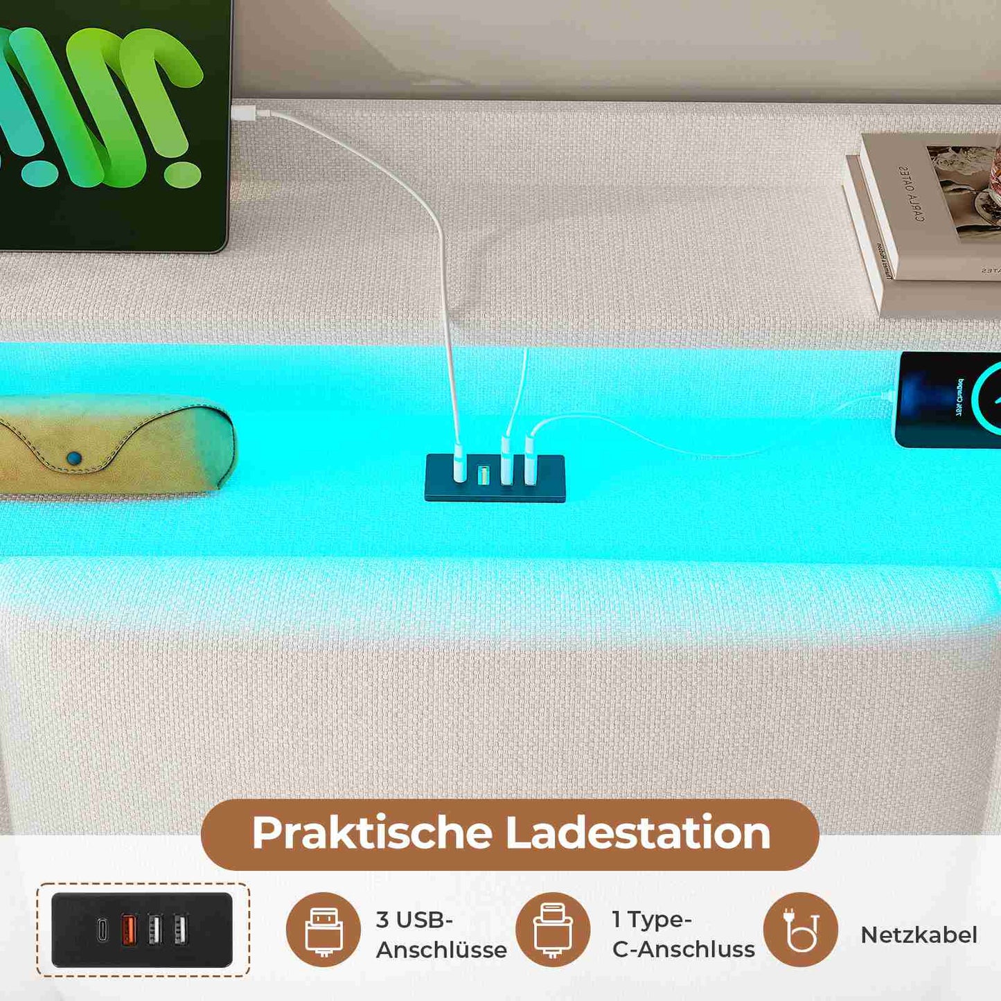 AOGLLATI Polsterbett 140×200 mit Steckdosen und LED-Beleuchtung Doppelbett mit Stauraum Kopfteil mit Hydraulische Stauraum und Lattenrost aus Holz