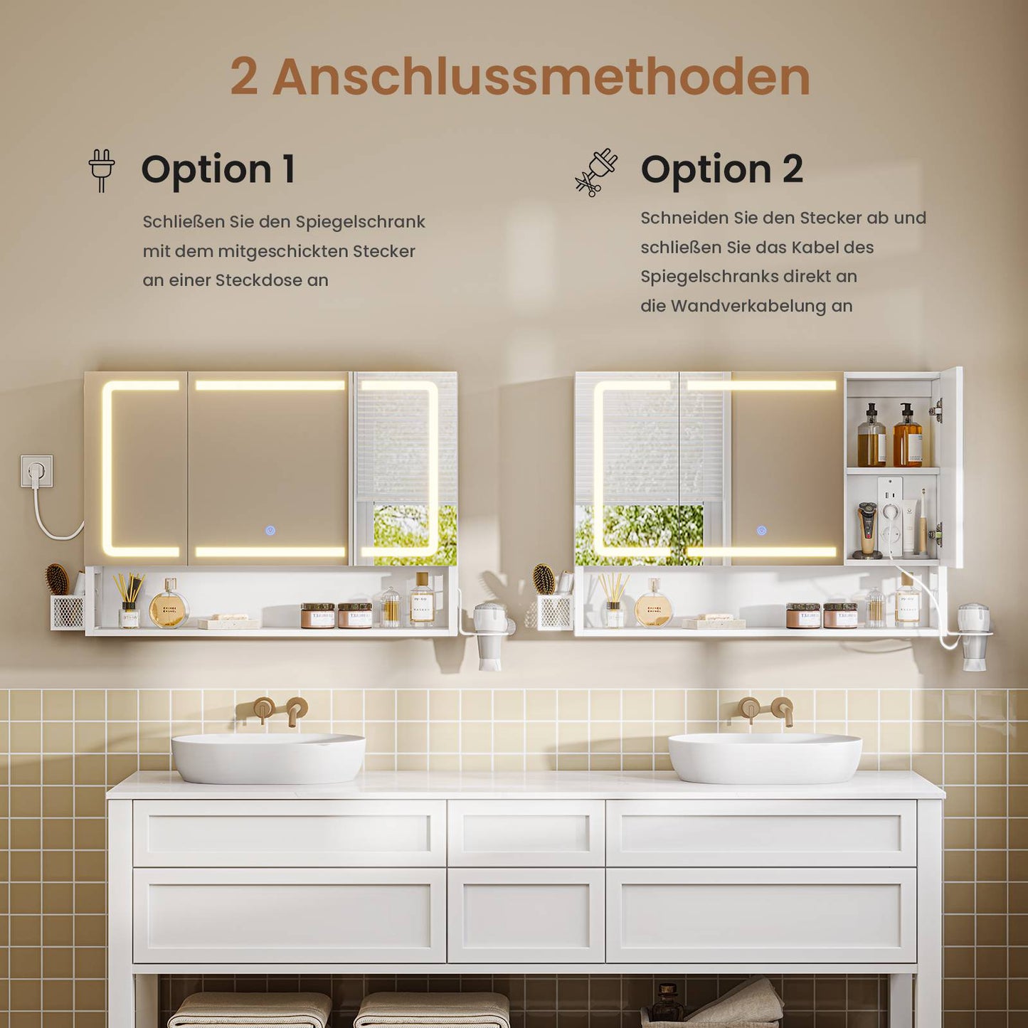 AOGLLATI Badezimmer Spiegelschrank mit LED-Beleuchtung & Steckdose Badezimmerschrank mit 3 Türen & Verstellbarer Ablage Spiegelschrank Bad mit HD-Spiegel