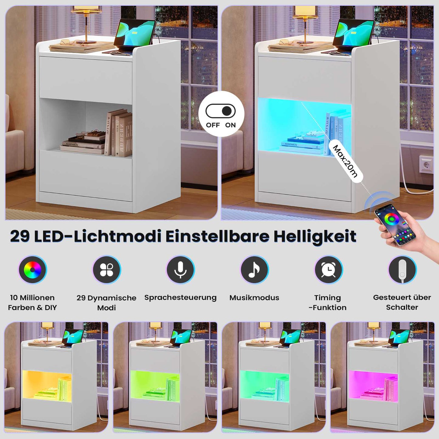AOGLLATI Nachttisch mit LED-Beleuchtung und Ladestation Nachtschrank mit 2 Schubladen und 1 Fach Beistelltisch mit Steckdosen