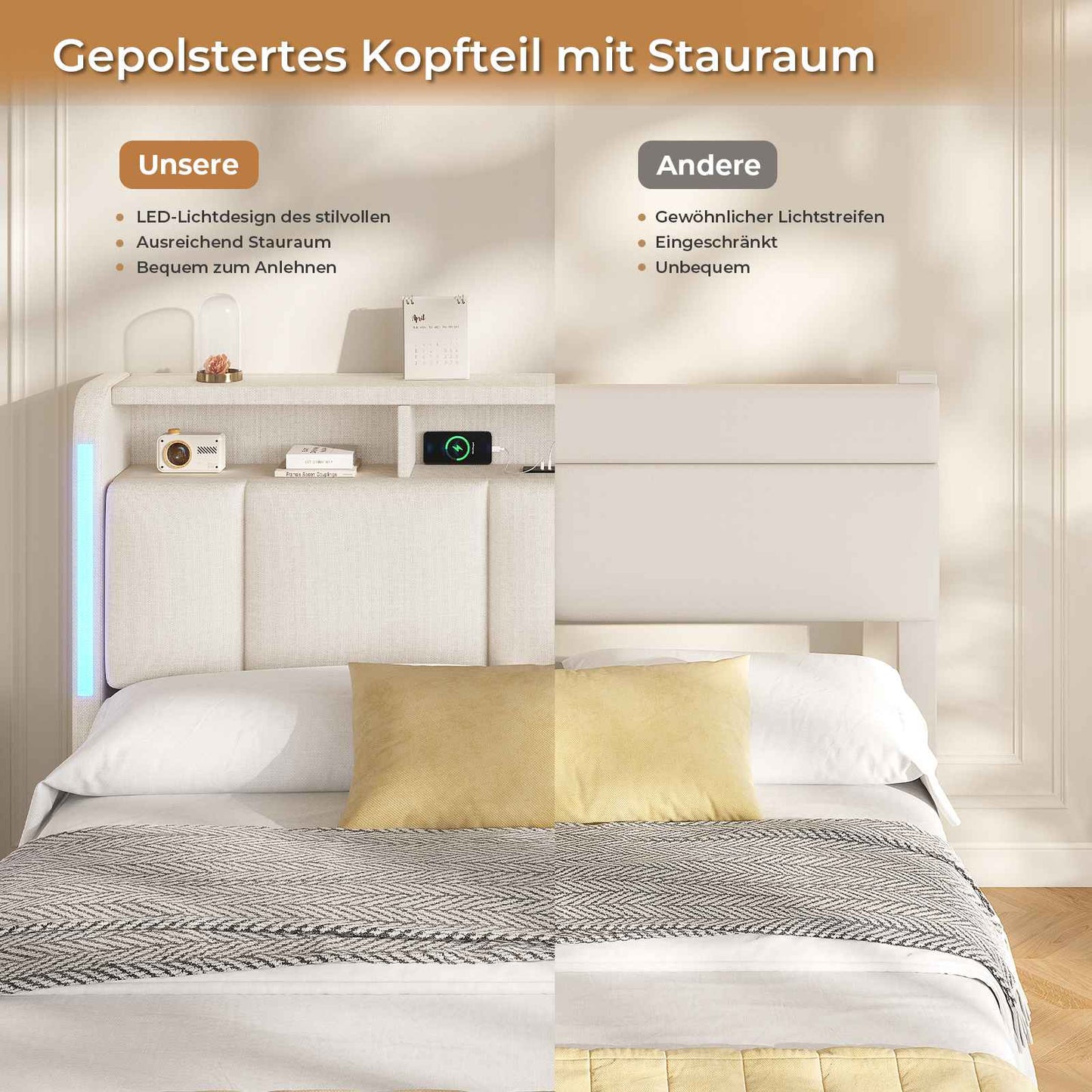 AOGLLATI Polsterbett 160×200 mit Steckdosen & LED Beleuchtung mit Stauraum Kopfteil & Hydraulischem Stauraum Bettgestell mit Lattenrost