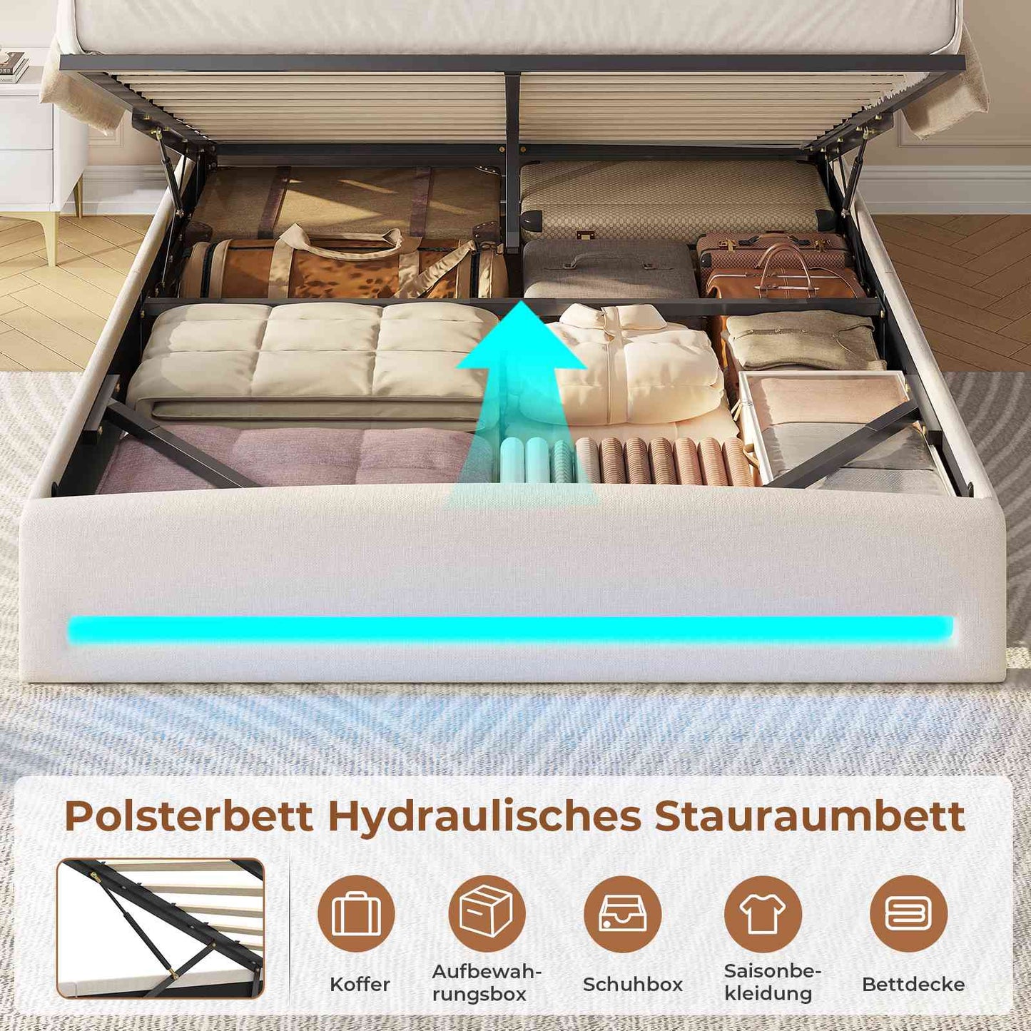 AOGLLATI Polsterbett 140×200 mit Steckdosen und LED-Beleuchtung Doppelbett mit Stauraum Kopfteil mit Hydraulische Stauraum und Lattenrost aus Holz