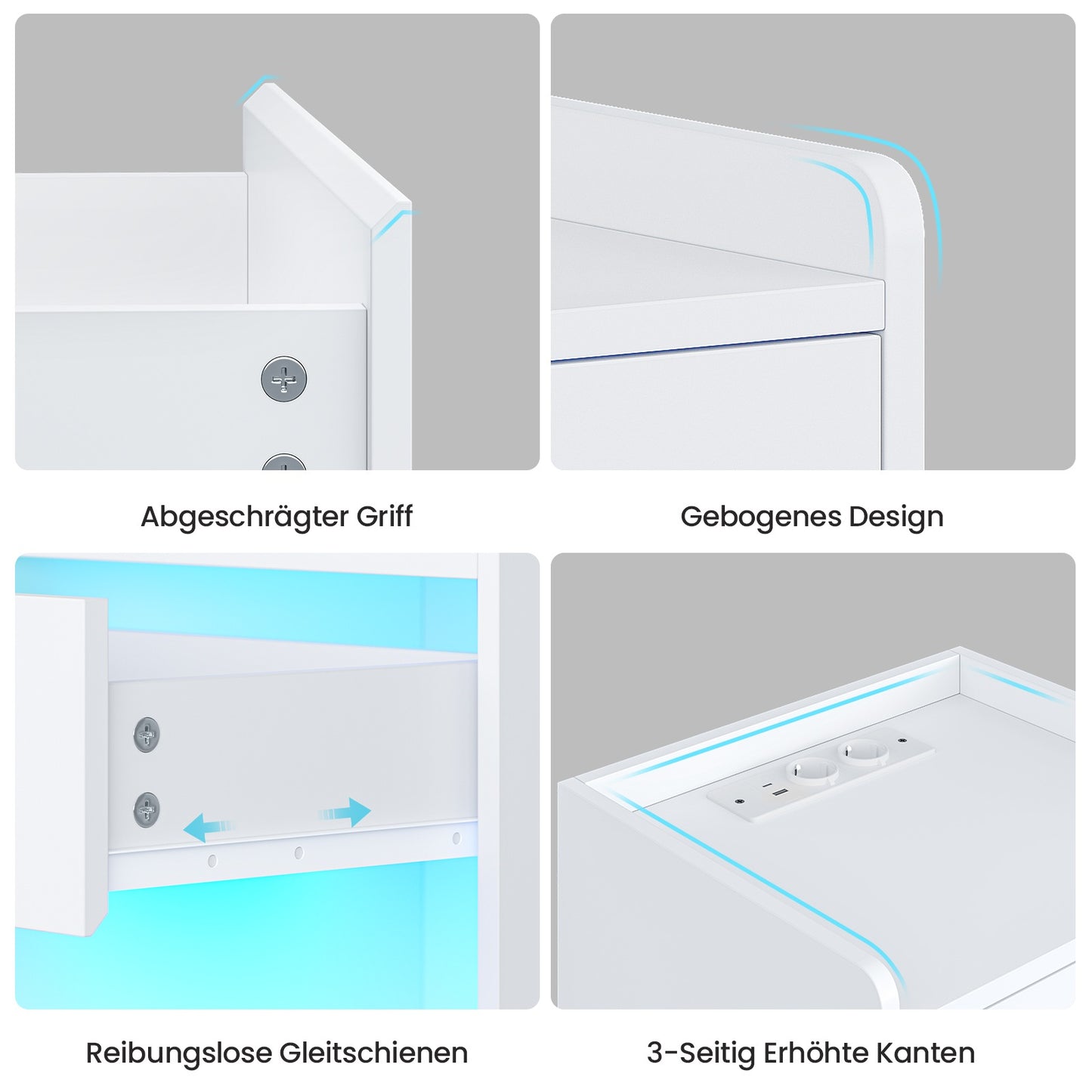 AOGLLATI Nachttisch mit LED-Beleuchtung und Ladestation Nachtschrank mit 2 Schubladen und 1 Fach Beistelltisch mit Steckdosen