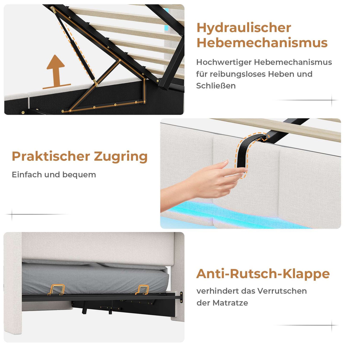 AOGLLATI Polsterbett 160×200 mit Steckdosen & LED Beleuchtung mit Stauraum Kopfteil & Hydraulischem Stauraum Bettgestell mit Lattenrost