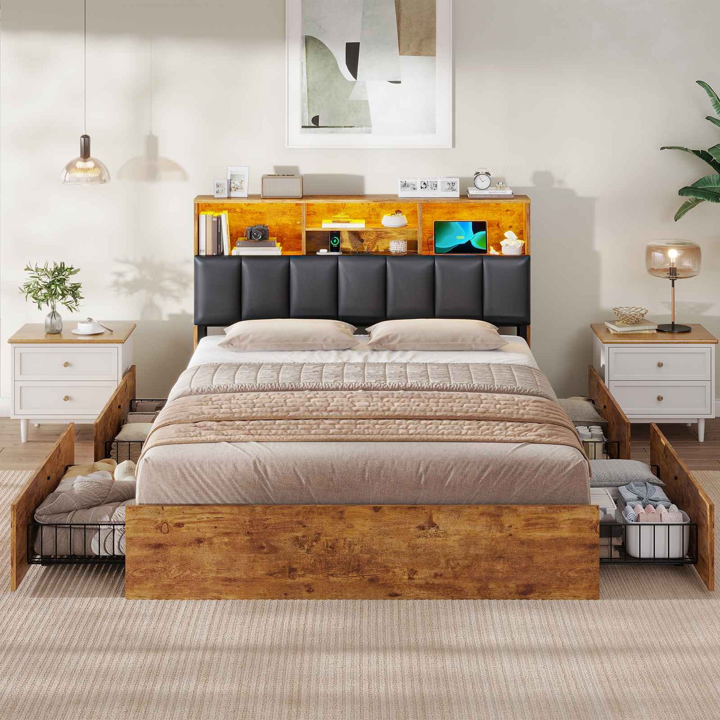 AOGLLATI Bett 140×200 cm Polsterbett mit Ladestation und LED-Beleuchtung Doppelbett Stauraumbett mit Stauraum Kopfteil 4 Schubladen