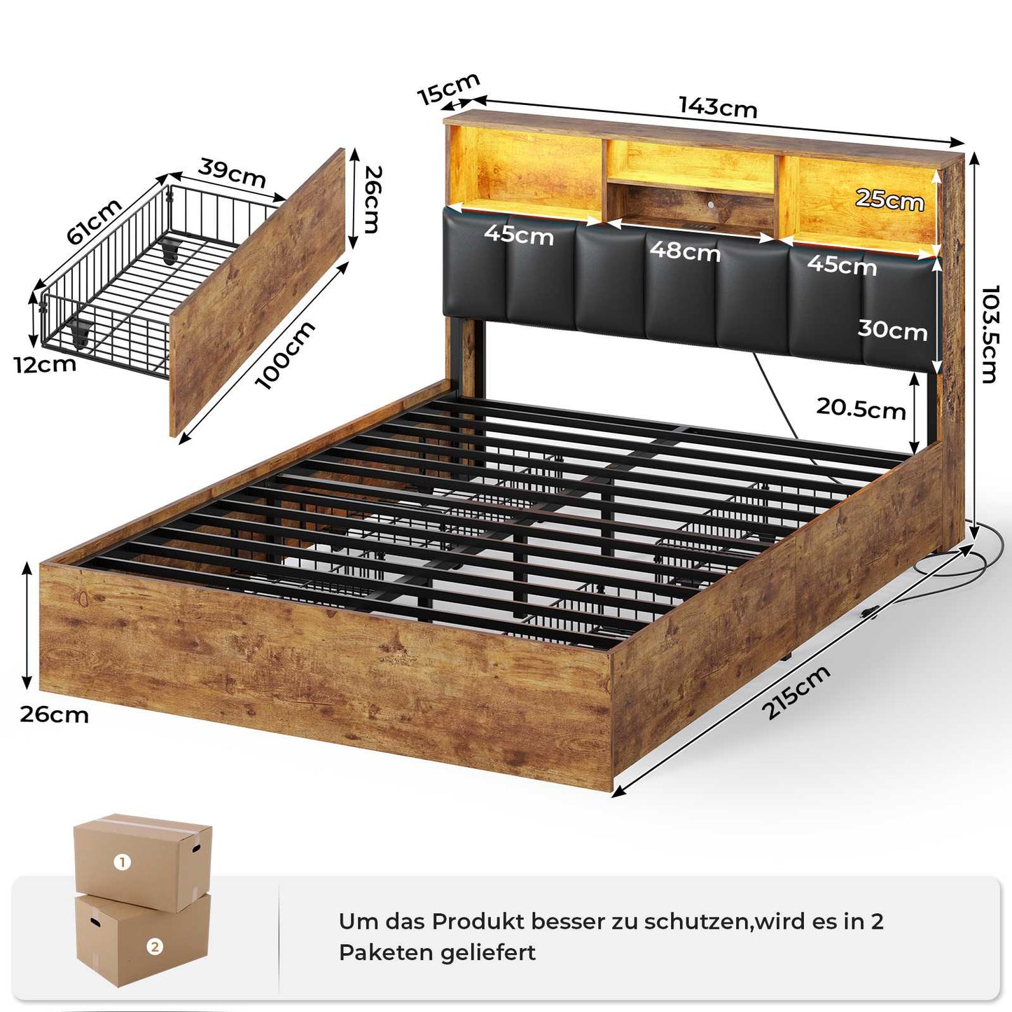 AOGLLATI Bett 140×200 cm Polsterbett mit Ladestation und LED-Beleuchtung Doppelbett Stauraumbett mit Stauraum Kopfteil 4 Schubladen