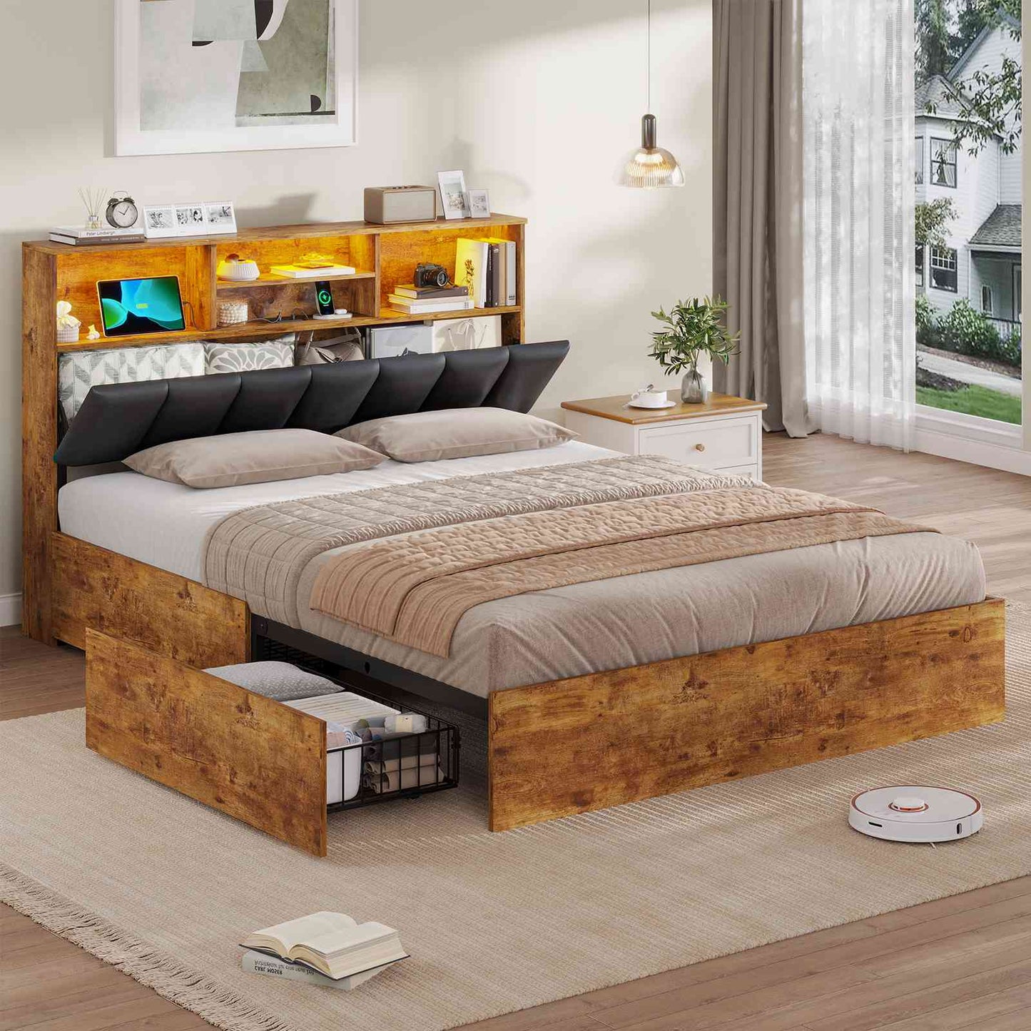 AOGLLATI Bett 140×200 cm Polsterbett mit Ladestation und LED-Beleuchtung Doppelbett Stauraumbett mit Stauraum Kopfteil 4 Schubladen