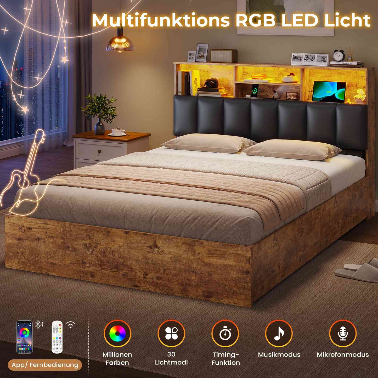 AOGLLATI Bett 140×200 cm Polsterbett mit Ladestation und LED-Beleuchtung Doppelbett Stauraumbett mit Stauraum Kopfteil 4 Schubladen