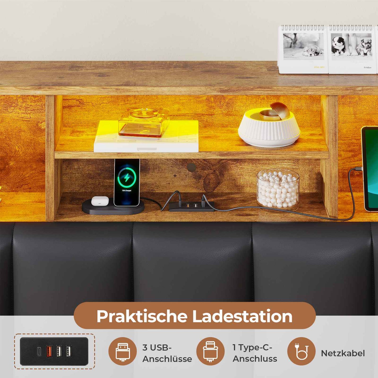 AOGLLATI Bett 140×200 cm Polsterbett mit Ladestation und LED-Beleuchtung Doppelbett Stauraumbett mit Stauraum Kopfteil 4 Schubladen