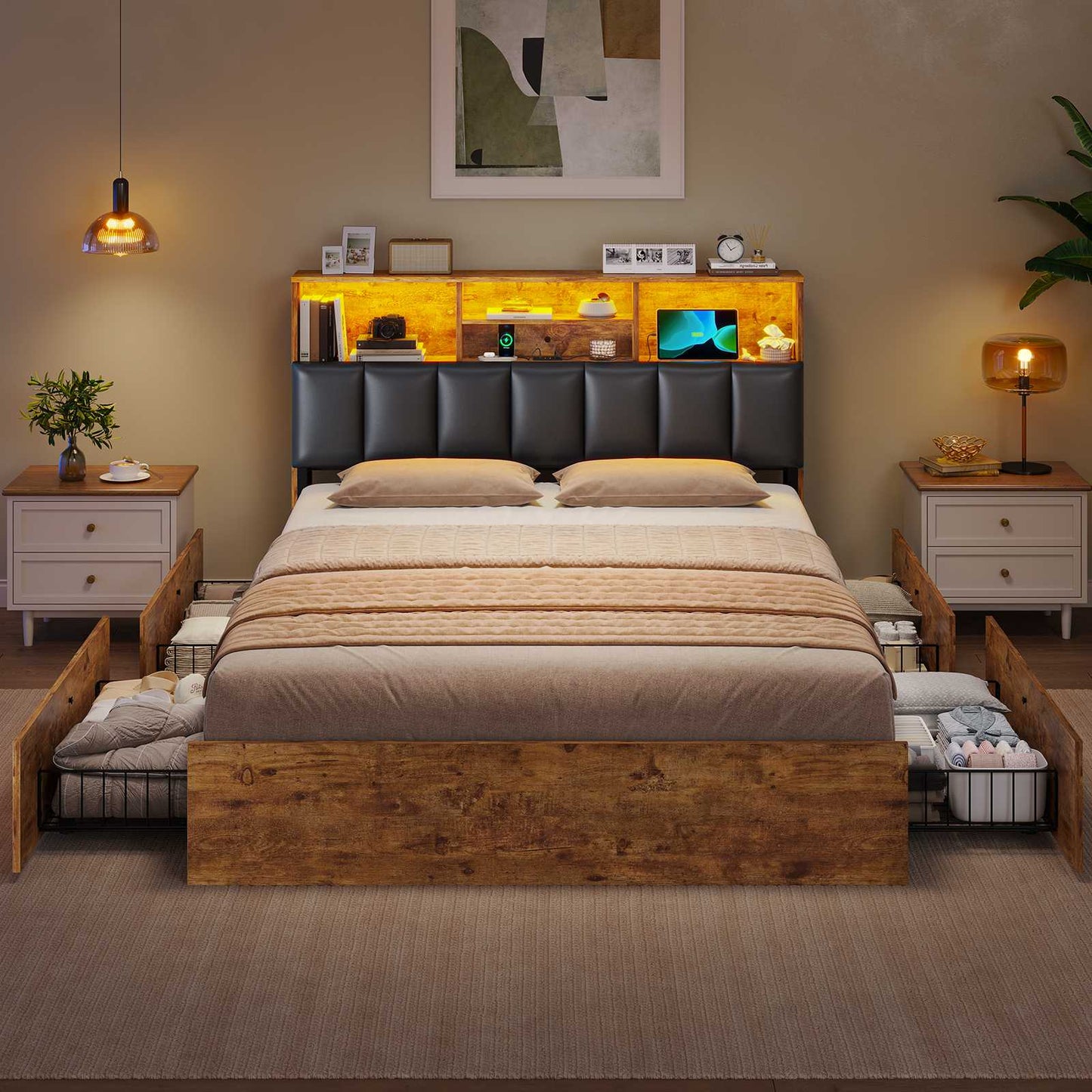AOGLLATI Bett 140×200 cm Polsterbett mit Ladestation und LED-Beleuchtung Doppelbett Stauraumbett mit Stauraum Kopfteil 4 Schubladen