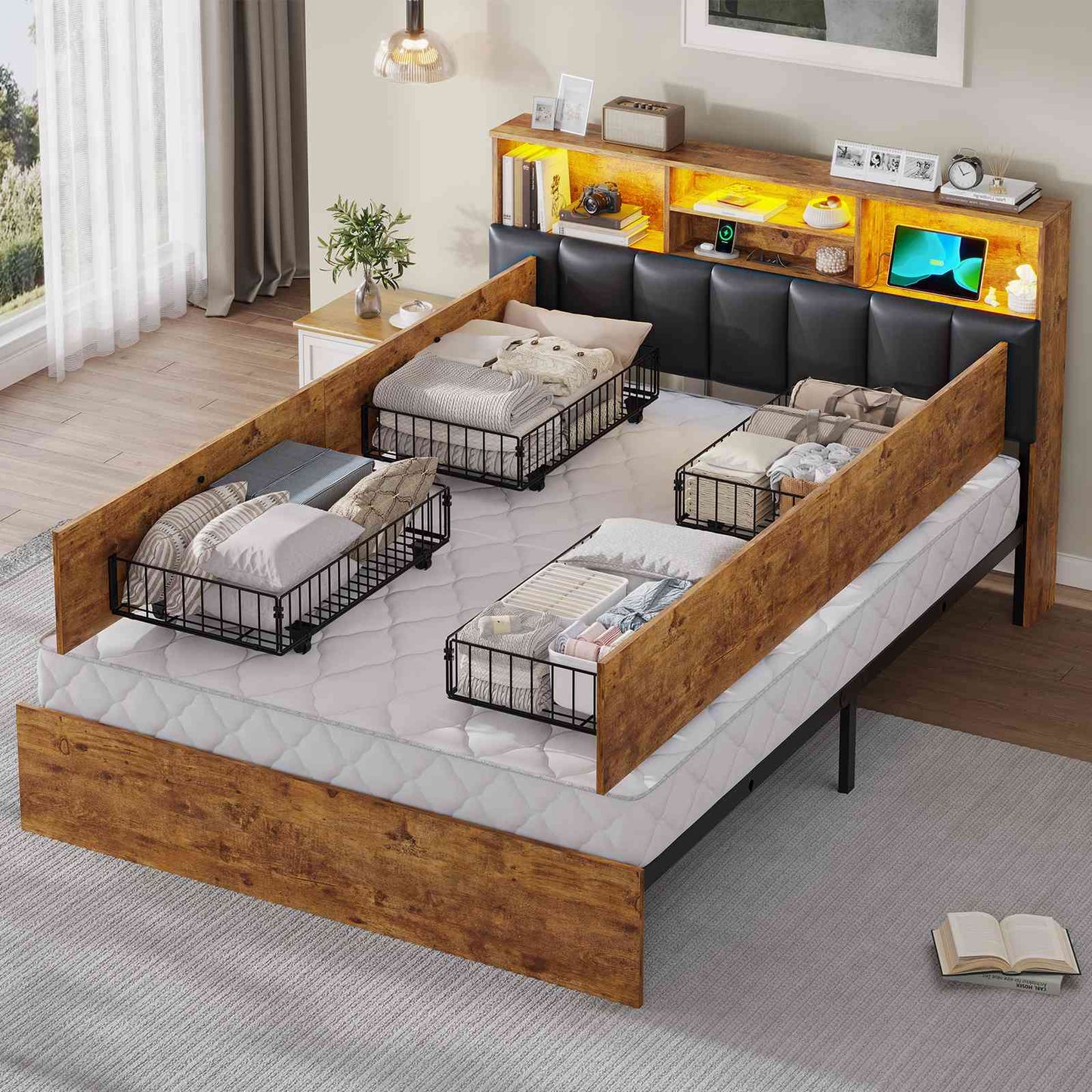 AOGLLATI Bett 140×200 cm Polsterbett mit Ladestation und LED-Beleuchtung Doppelbett Stauraumbett mit Stauraum Kopfteil 4 Schubladen