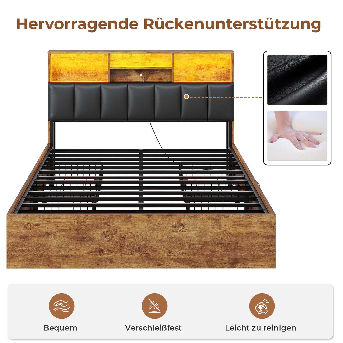 AOGLLATI Bett 140×200 cm Polsterbett mit Ladestation und LED-Beleuchtung Doppelbett Stauraumbett mit Stauraum Kopfteil 4 Schubladen